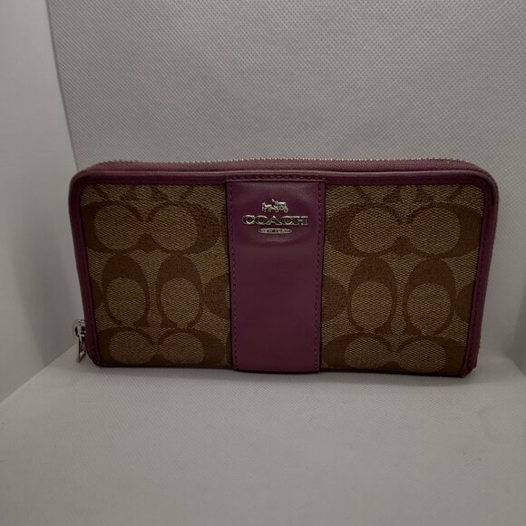 💜Coach Monogram Color Stripe Zip Around Long Wallet - Purple💜 - Picture 1 of 8